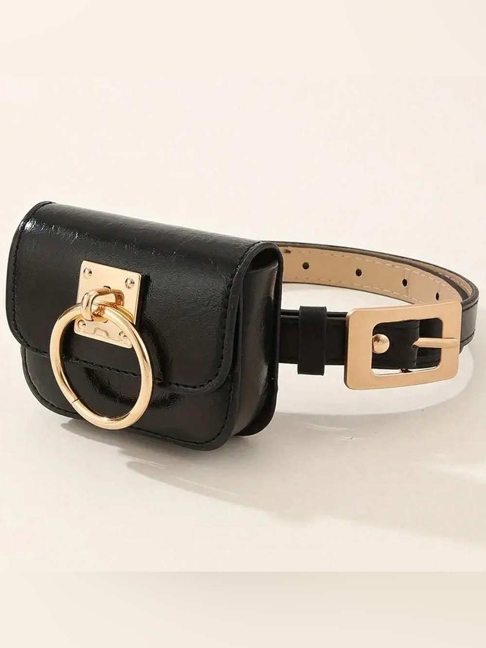 Lux mini bag Black Leather Belt Bag with Gold Ring Accent - Picture 7 of 7